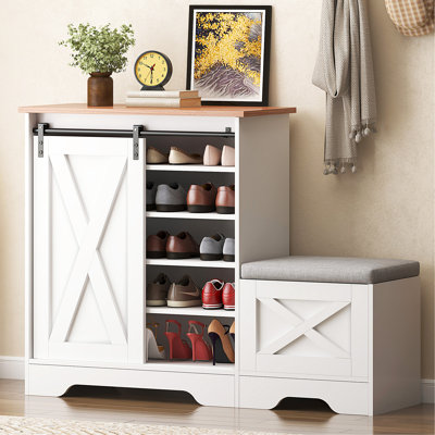 Rebrilliant Versatile Shoe Cabinet with 3 Flip Drawers Shoe Rack with Pull down Seat for Hallway Wayfair